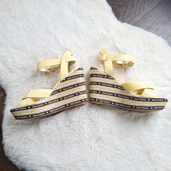 Juicy Couture Y2K Patent Leather Platform Hearts Espadrille Lemon Yellow Wedge - Picture 6 of 10